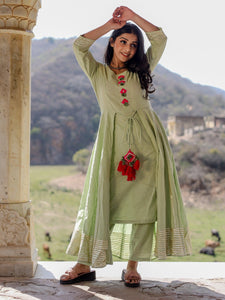 Divena Pastel Green Flaired Cotton kurta with pants - divenaworld.com