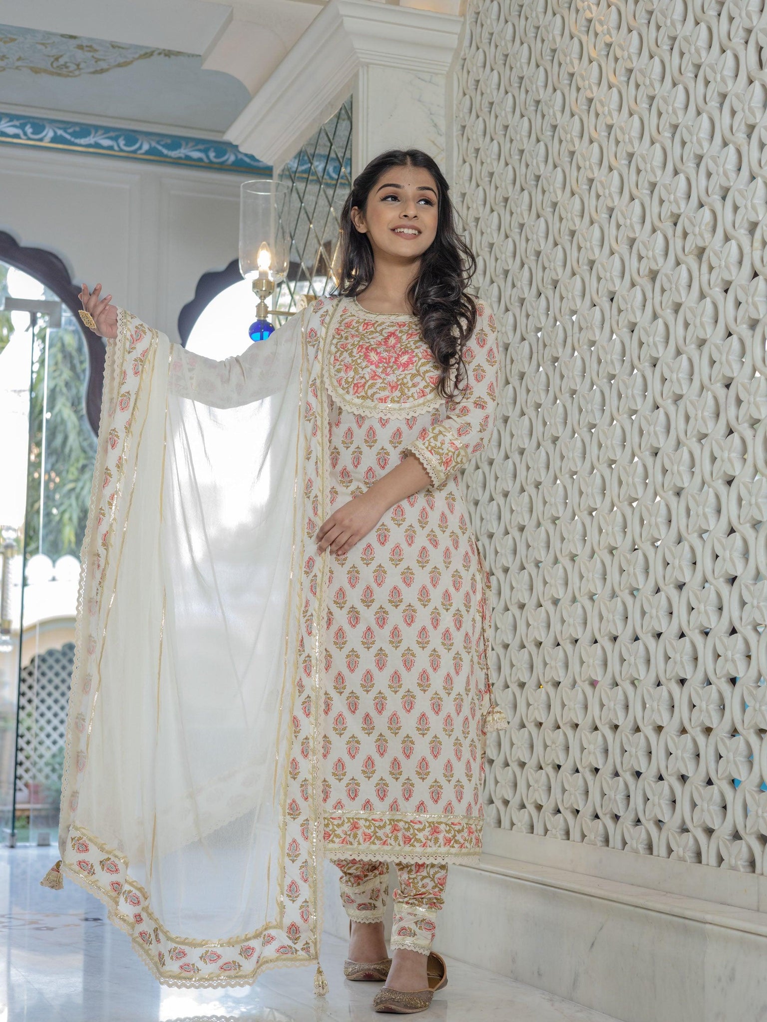 Divena Off white Cotton Straight Kurta Pant set with Dupatta - divenaworld.com