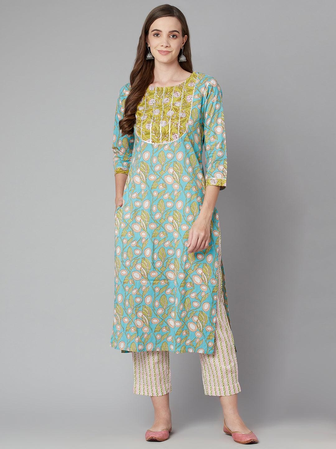 Sky blue Floral Printed Cotton kurta Pant Set — view 1