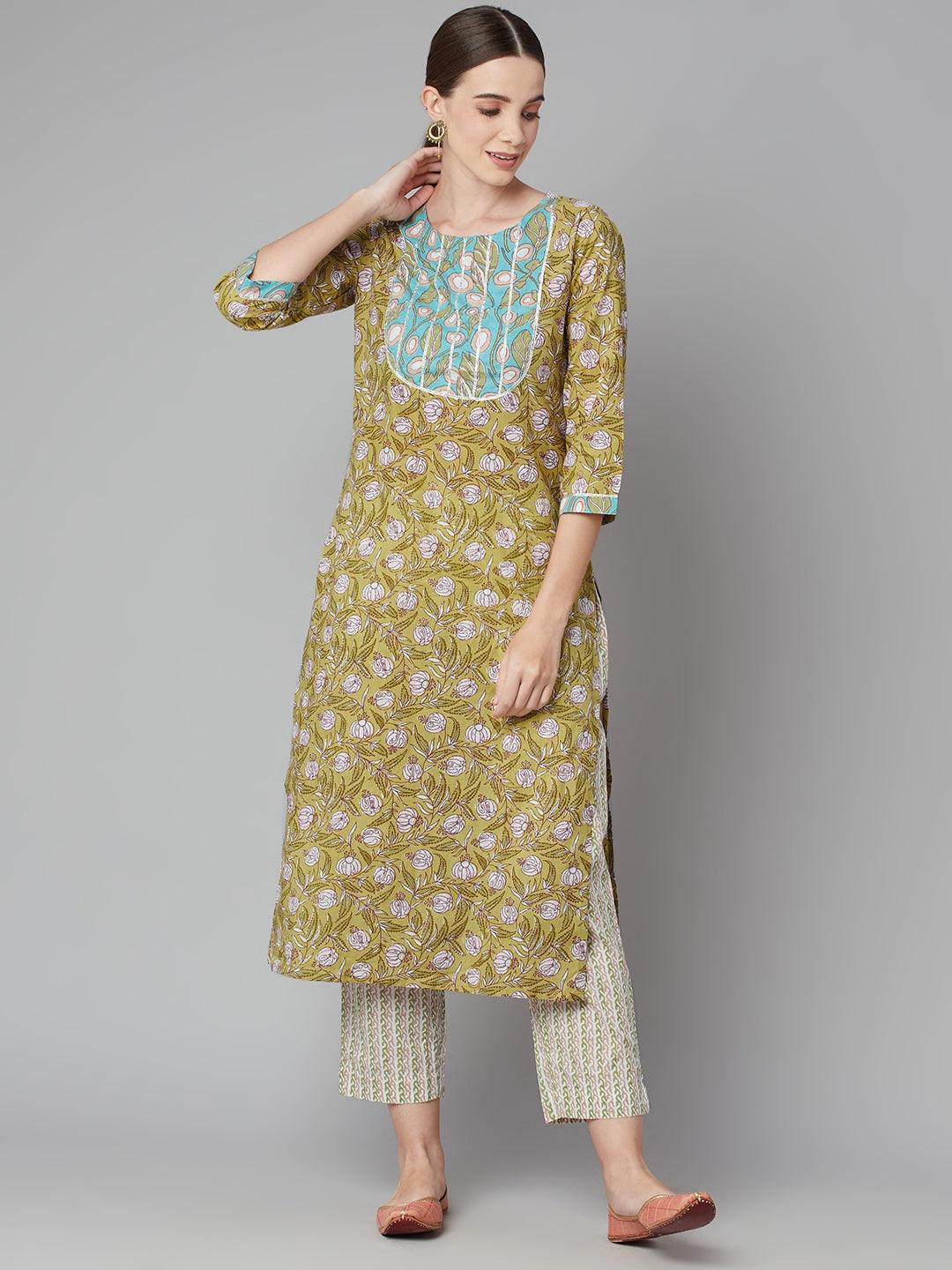 Pastel green Floral Printed Cotton kurta Pant Set — view 1