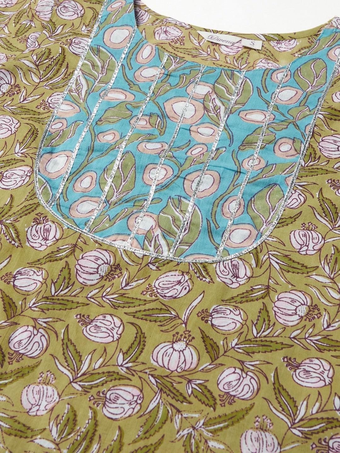 Divena Pastel green Floral Printed Cotton kurta Pant Set - divena world