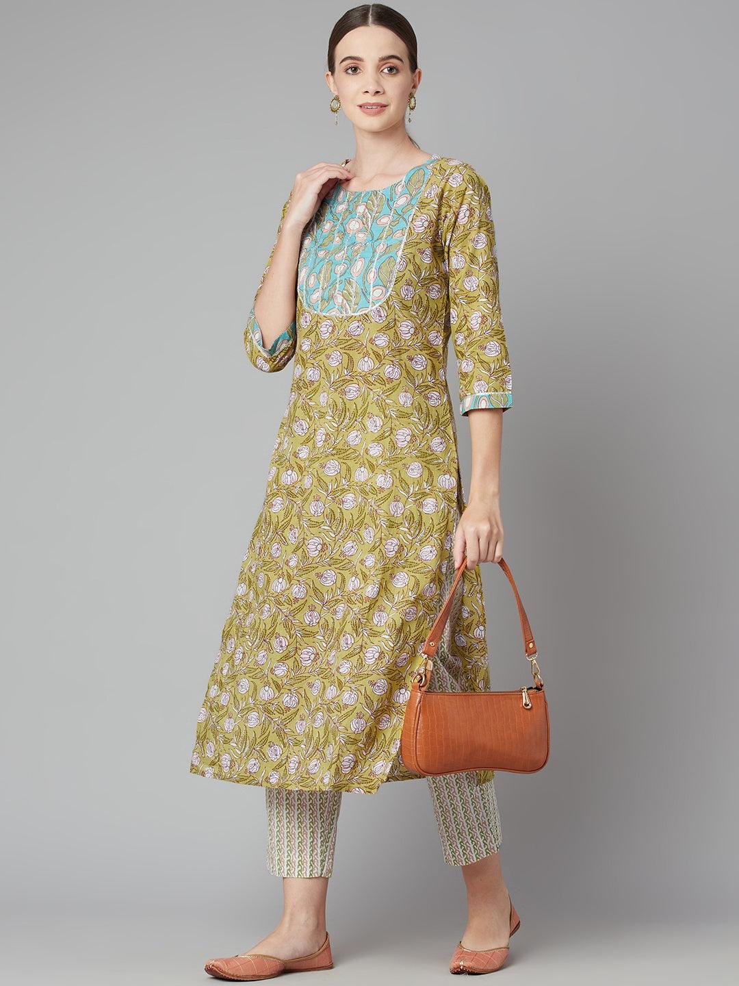 Divena Pastel green Floral Printed Cotton kurta Pant Set - divena world