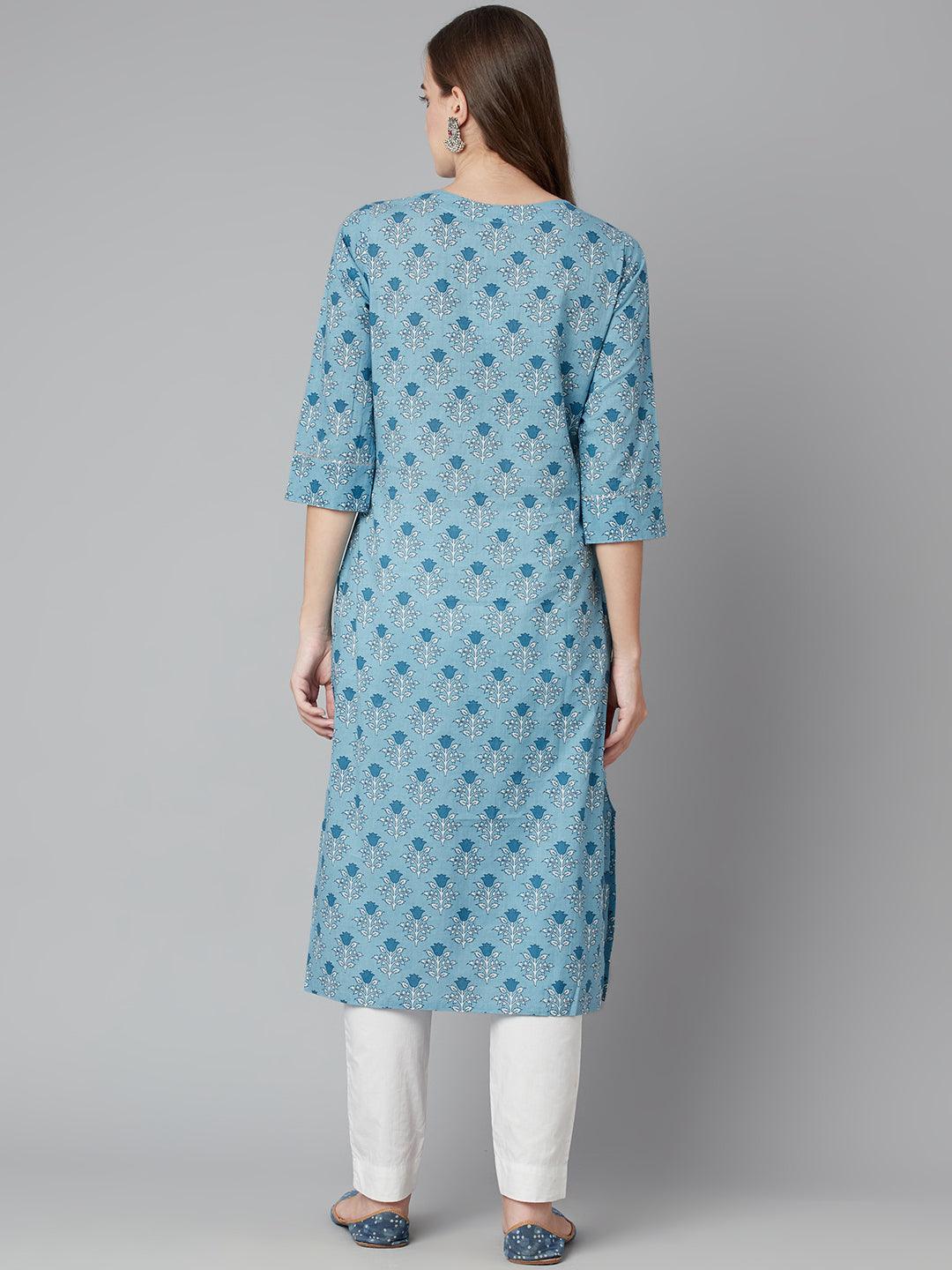 Divena Sky blue Floral Straight Kurta - divena world