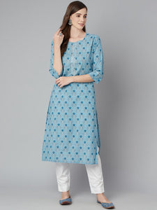 Divena Sky blue Floral Straight Kurta - divena world