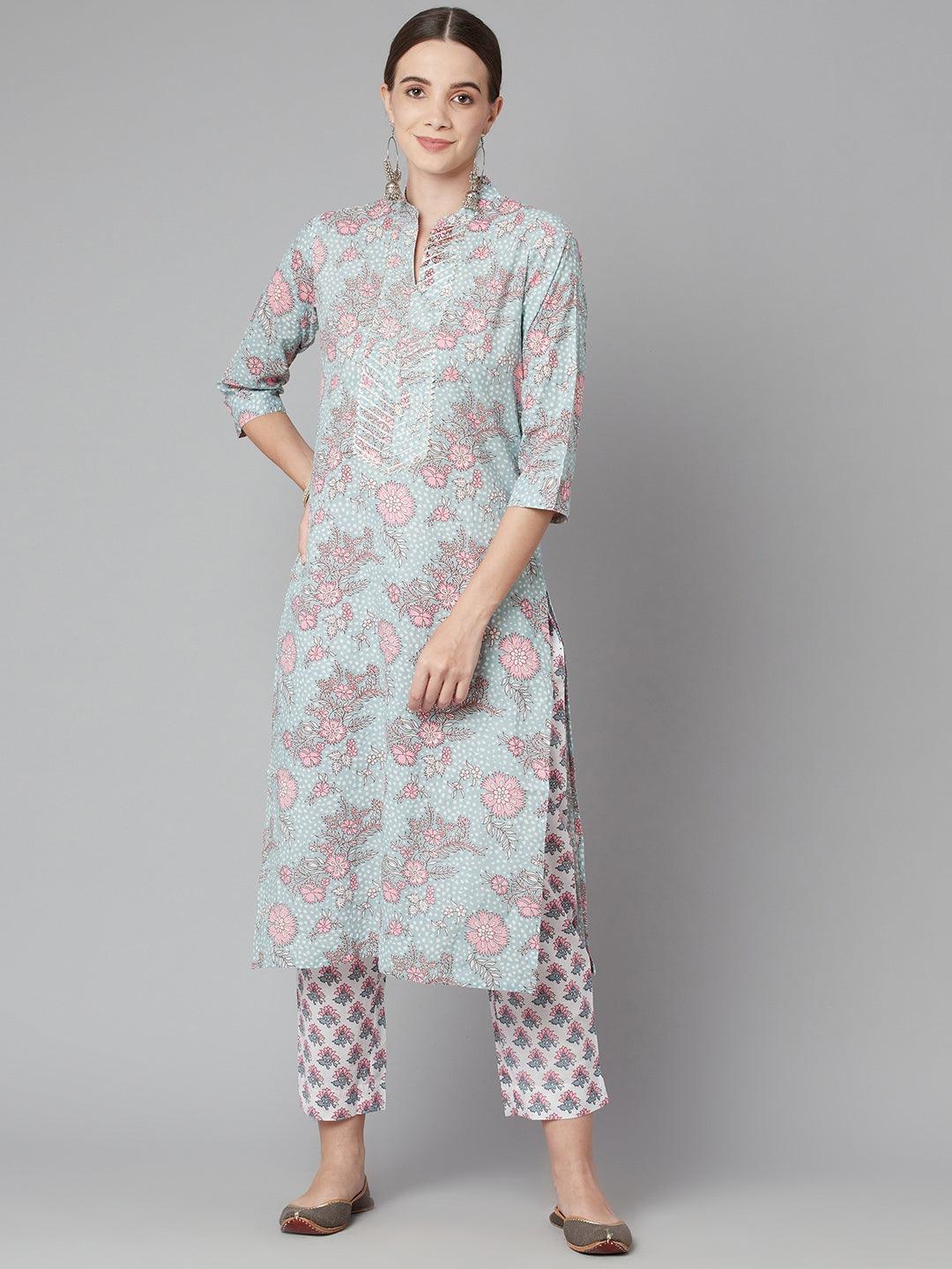 Divena Grey Pastel floral Printed Cotton kurta pant set - divena world