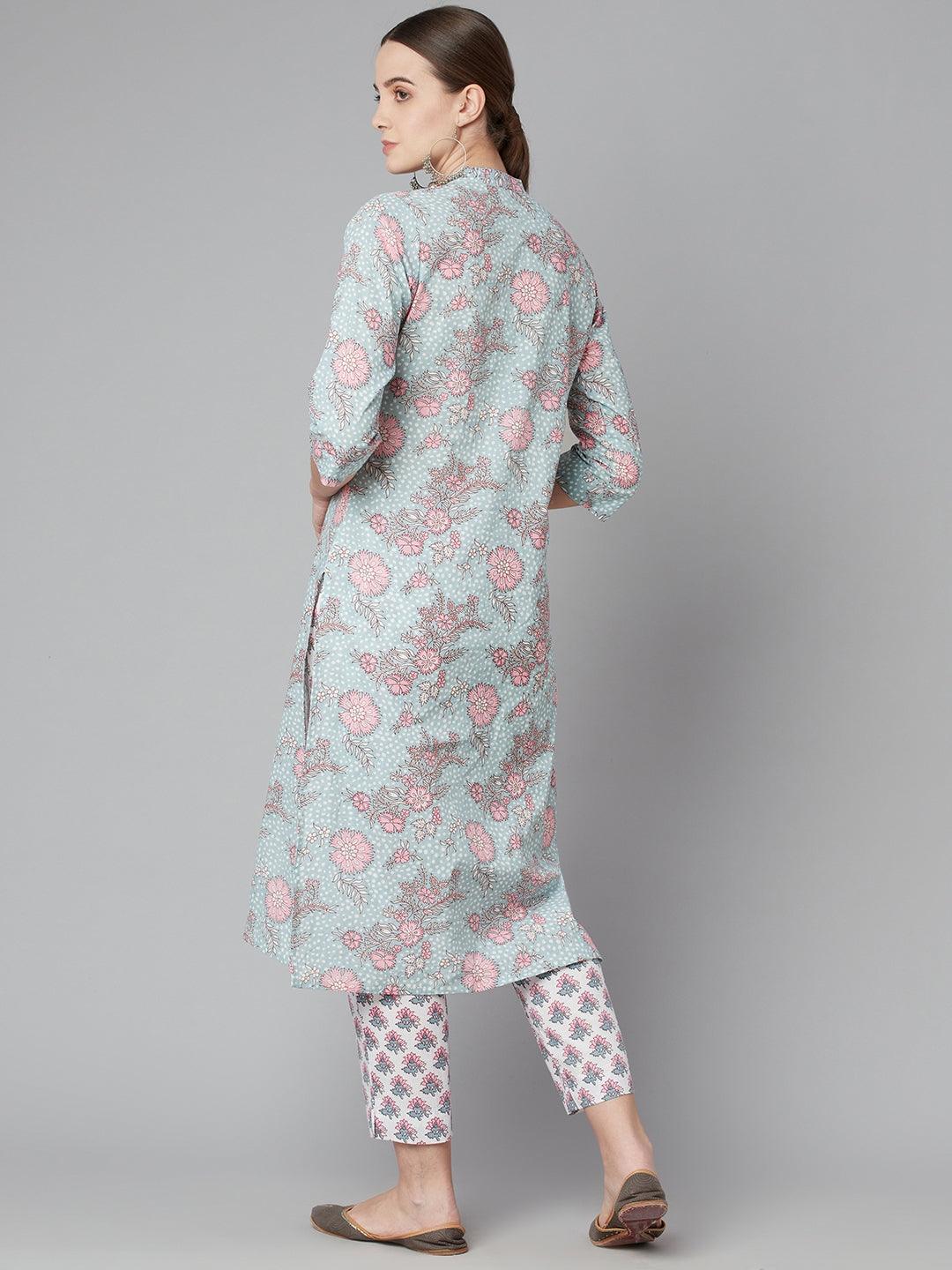 Divena Grey Pastel floral Printed Cotton kurta pant set - divena world