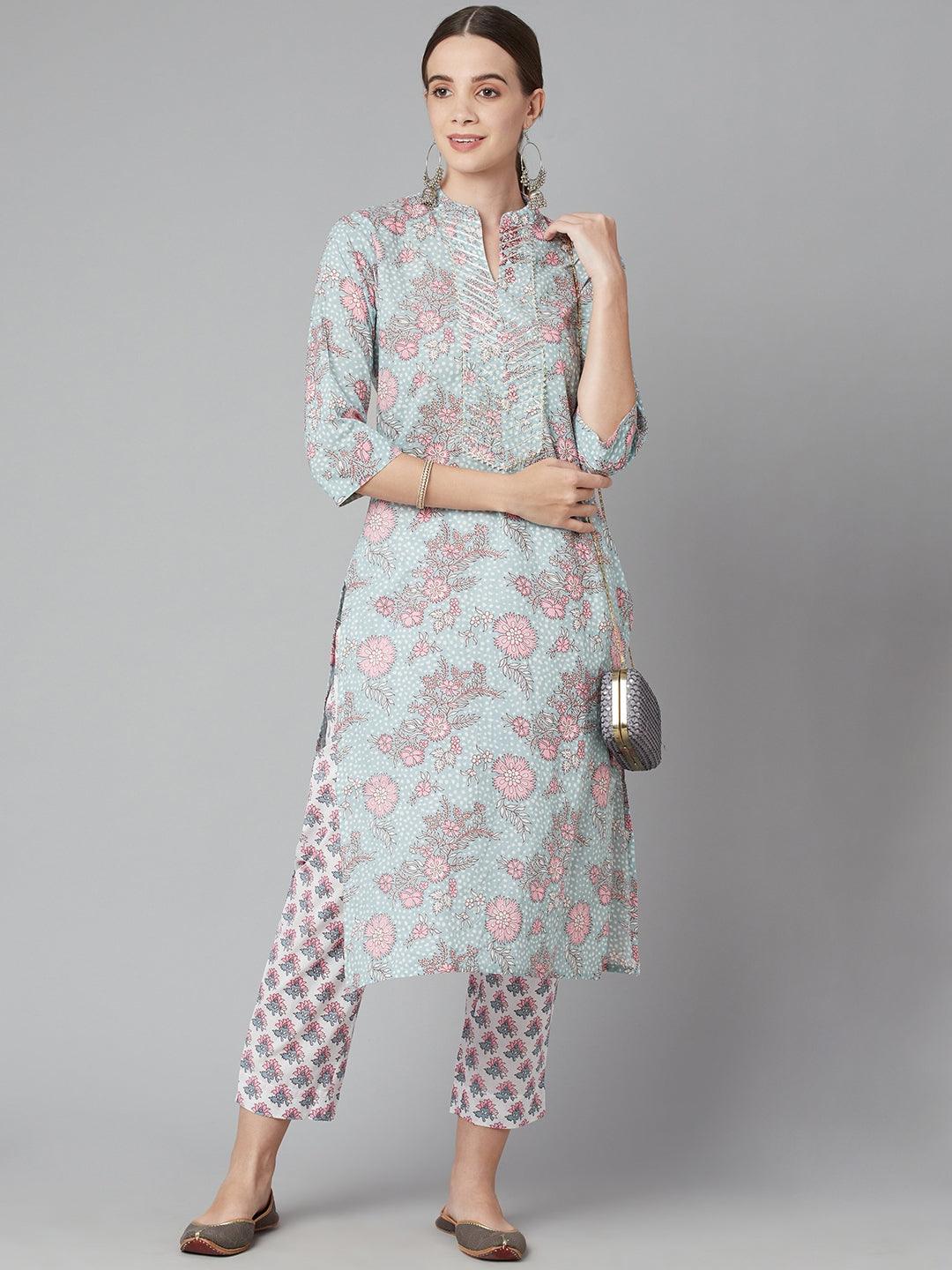 Divena Grey Pastel floral Printed Cotton kurta pant set - divena world