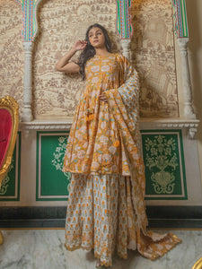 Divena Yellow Cotton Anarkali kurta Sharara set with Dupatta - divenaworld.com