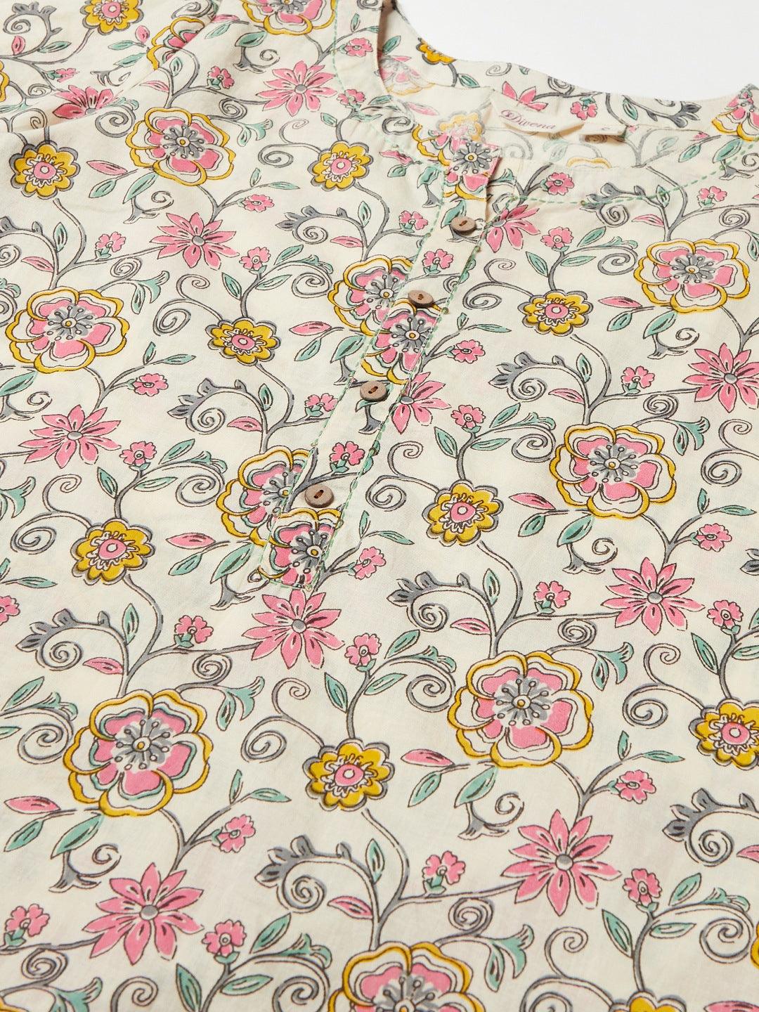 Divena Cream Floral Printed Cotton Kurta Pant Set - divena world
