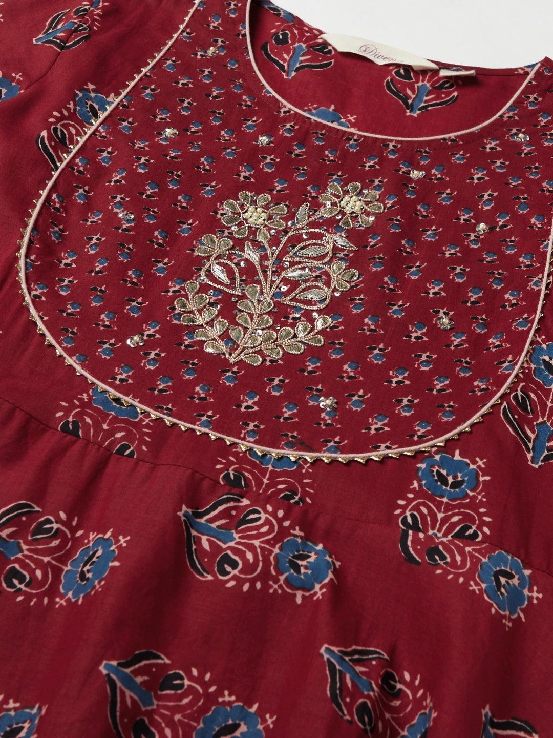 Divena Red Floral Anarkali Cotton Kurta pant set with dupatta - divena world