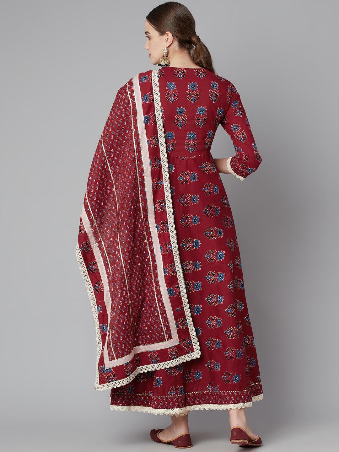 Divena Red Floral Anarkali Cotton Kurta pant set with dupatta - divena world