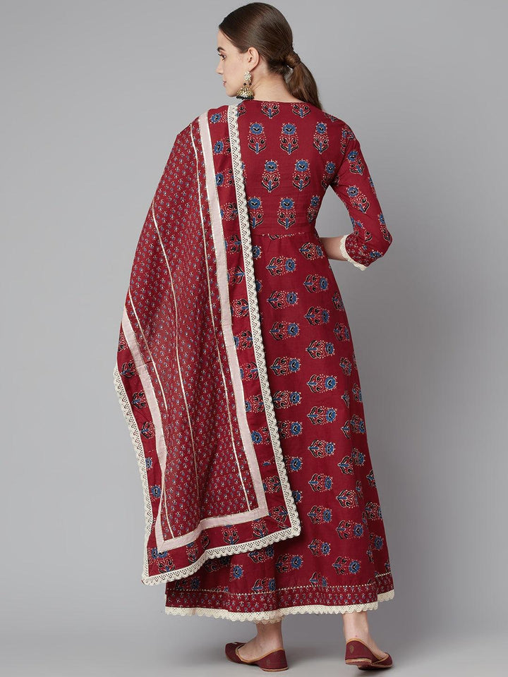 Divena Red Floral Anarkali Cotton Kurta pant set with dupatta - divena world