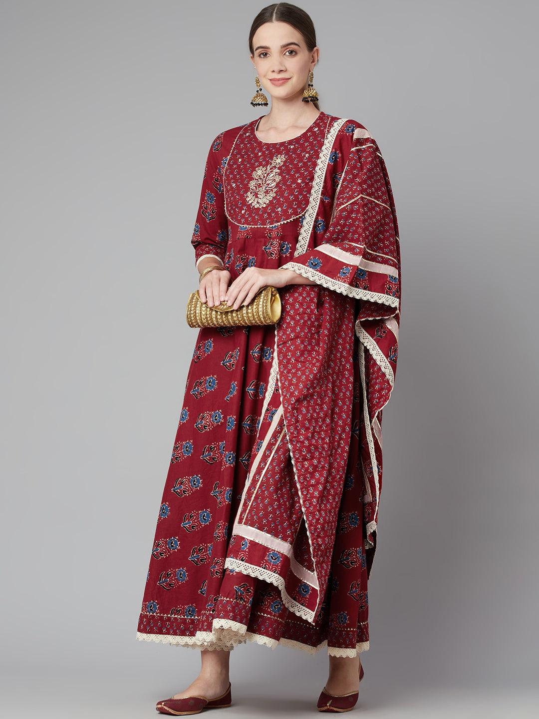 Divena Red Floral Anarkali Cotton Kurta pant set with dupatta - divena world