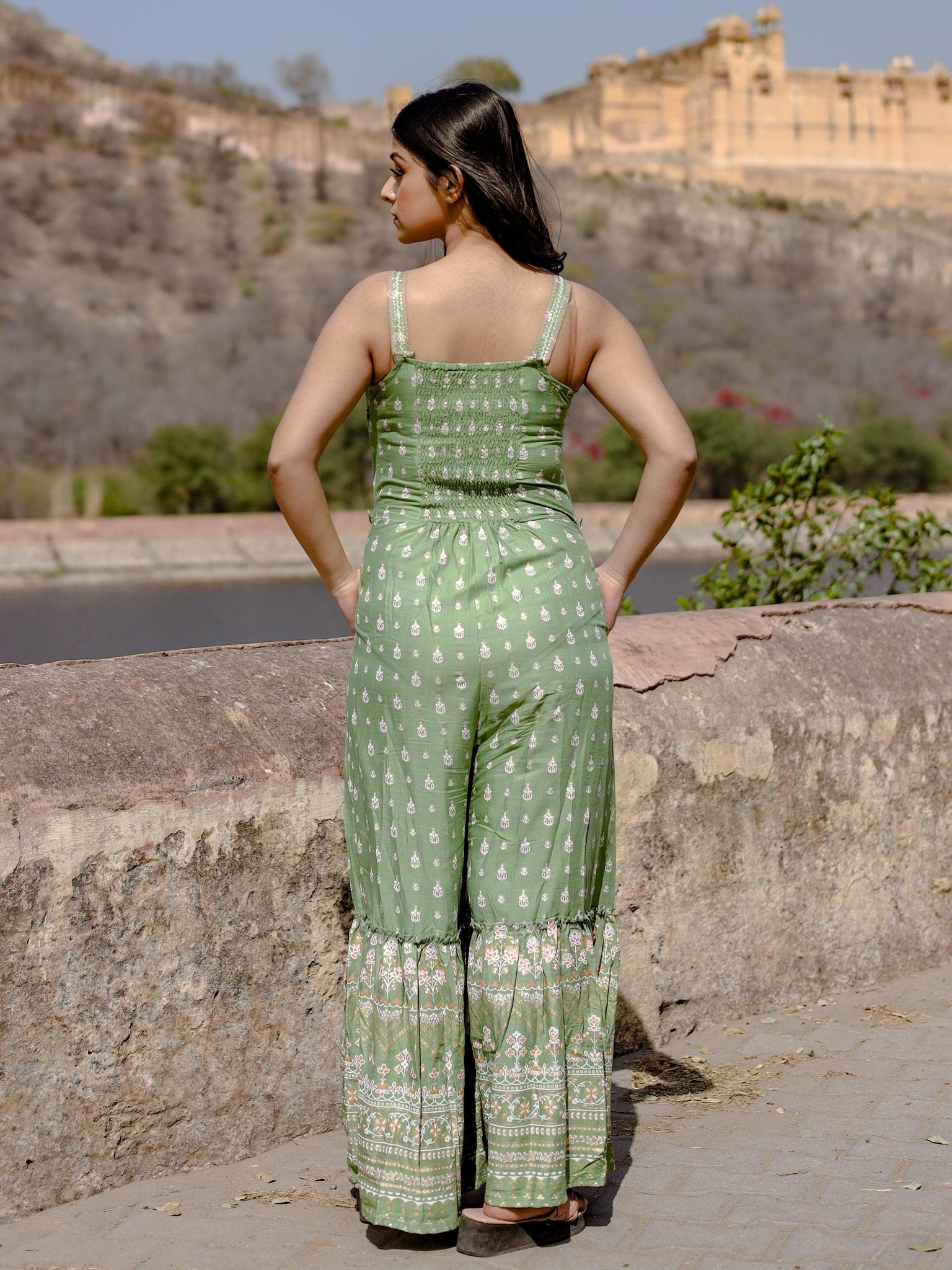 Divena Green Angrakha Shoulder Strips Jumpsuit - divenaworld.com