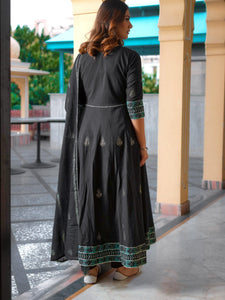 Divena Black Cotton Anarkali Kurta Pant Set with Dupatta - divenaworld.com