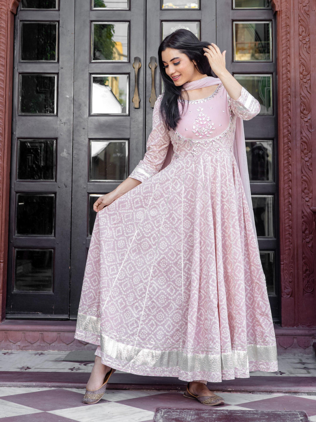 Light Pink Cotton Anarkali Kurta Pant set with Net Dupatta — view 1
