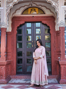 Divena Light Pink Cotton Anarkali Gown Pant set with Net Dupatta - divenaworld.com
