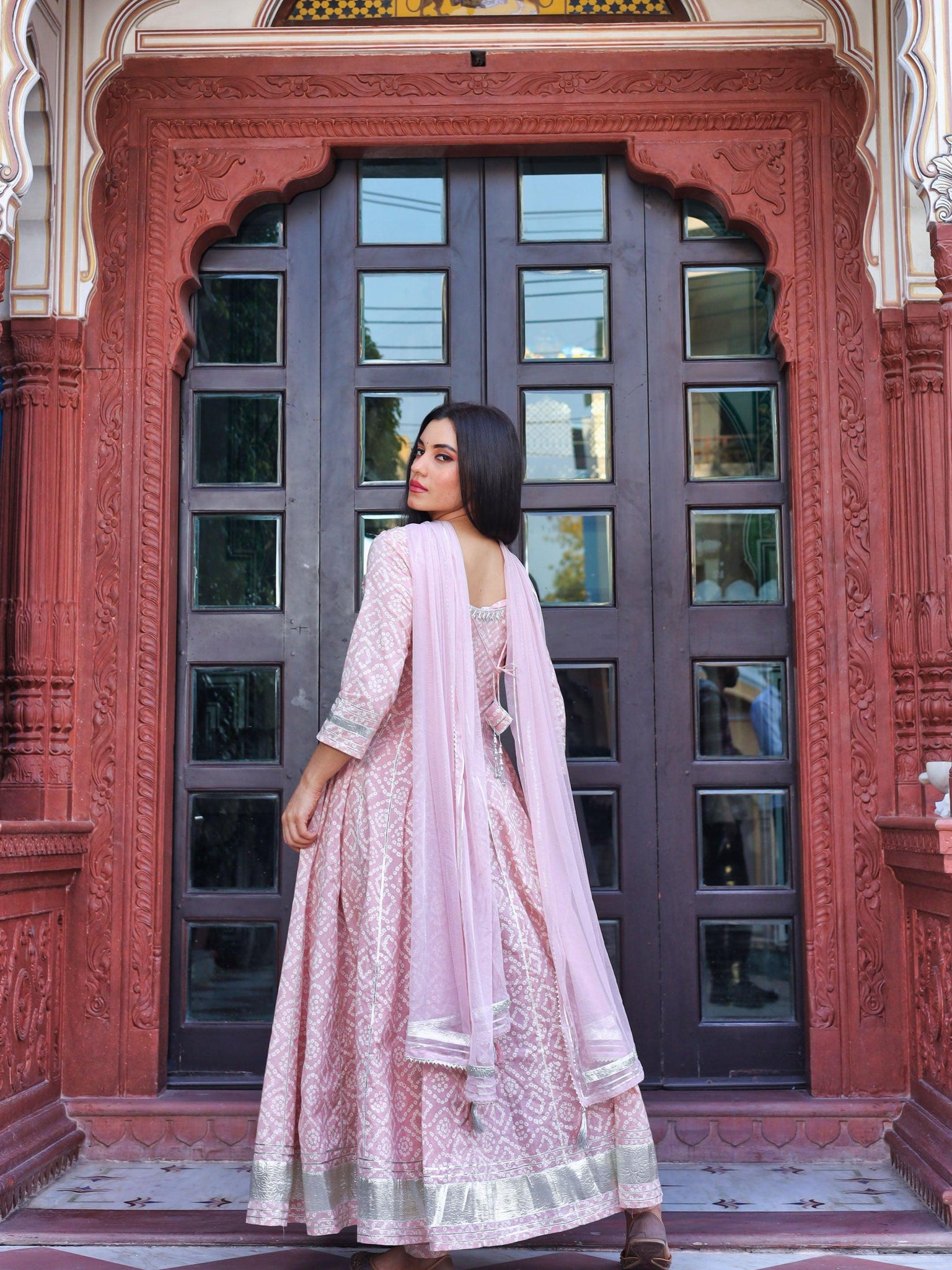 Divena Light Pink Cotton Anarkali Gown Pant set with Net Dupatta - divenaworld.com