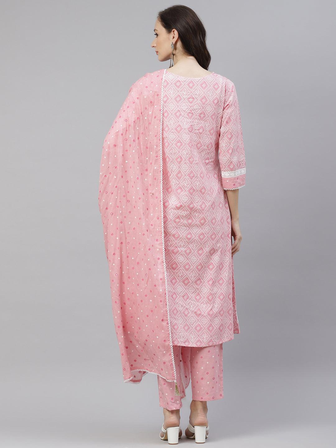 Divena Pink Cotton A-line kurta Pant set with Dupatta - divena world