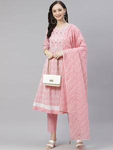 Divena Pink Cotton A-line kurta Pant set with Dupatta - divena world