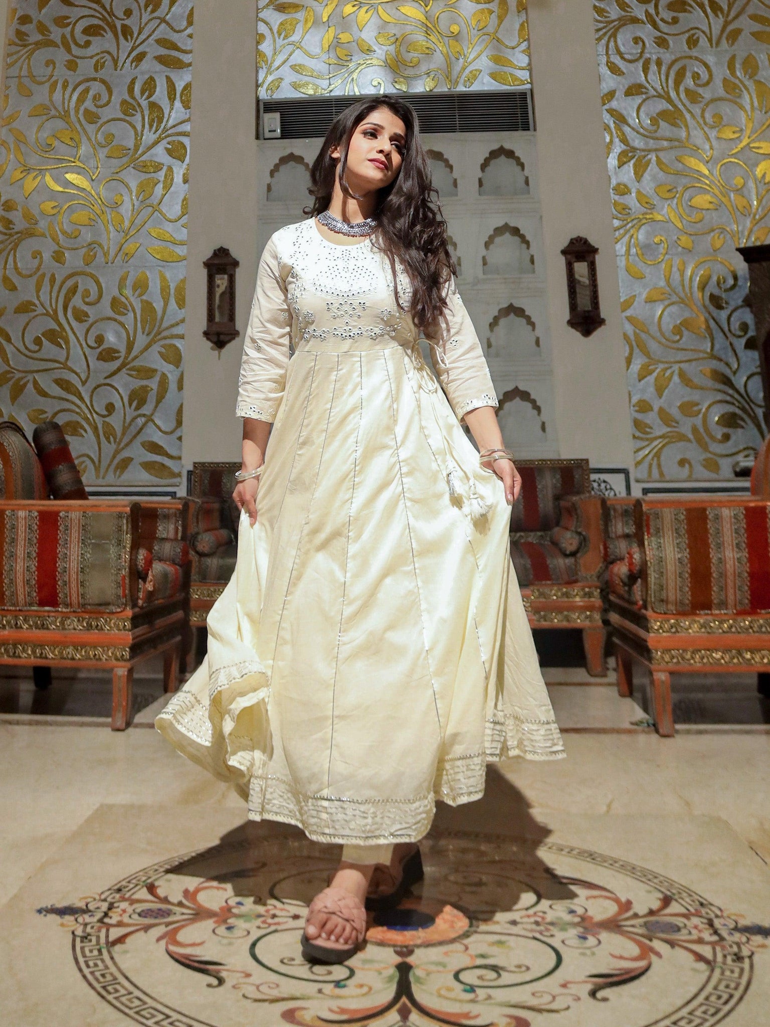 Divena Off White Cotton Anarkali kurta Pant Set - divenaworld.com