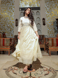 Divena Off White Cotton Anarkali kurta Pant Set - divenaworld.com