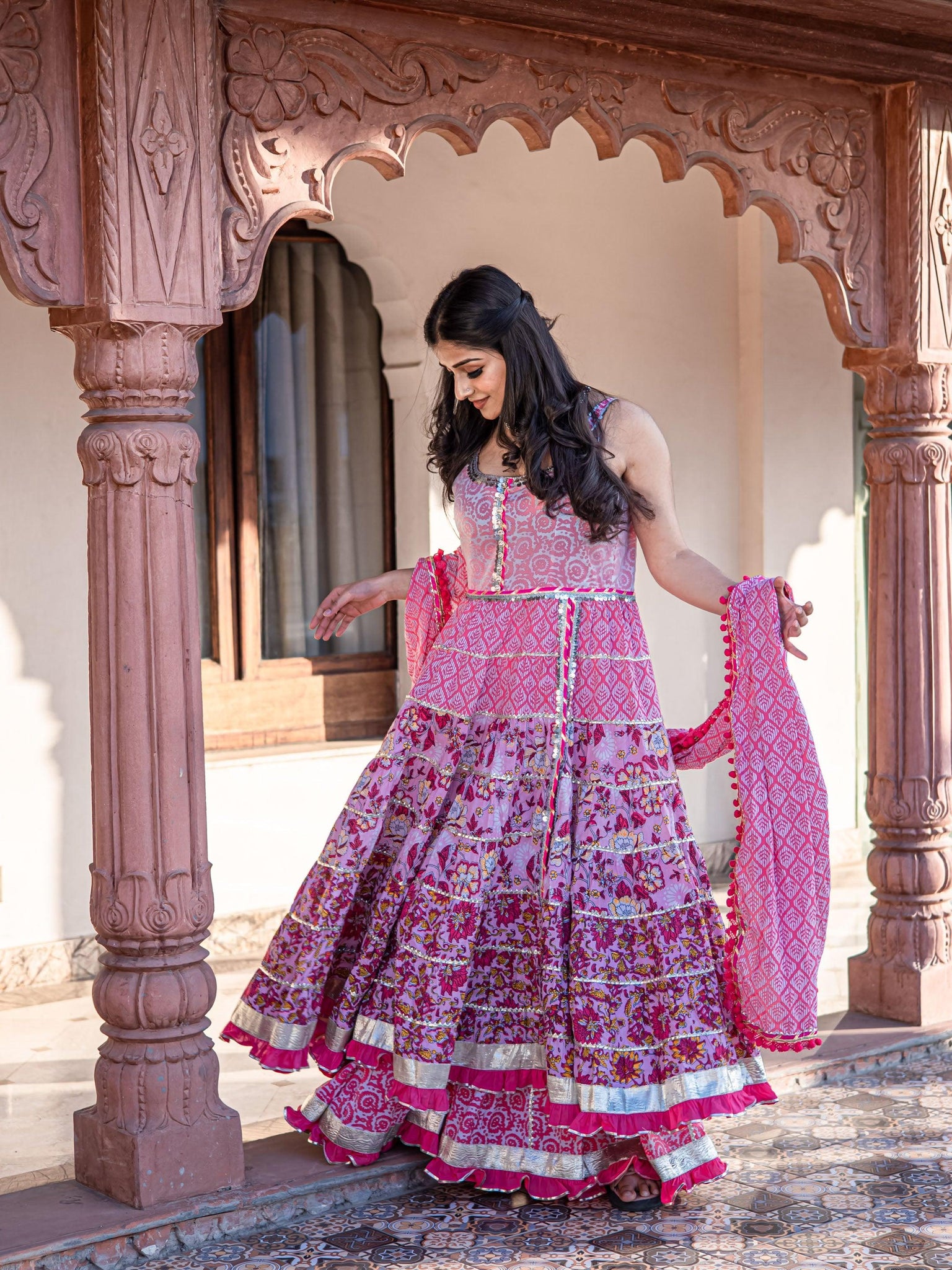 Divena Pink Cotton Sleeves less Anarkali Sharara set with Dupatta - divenaworld.com