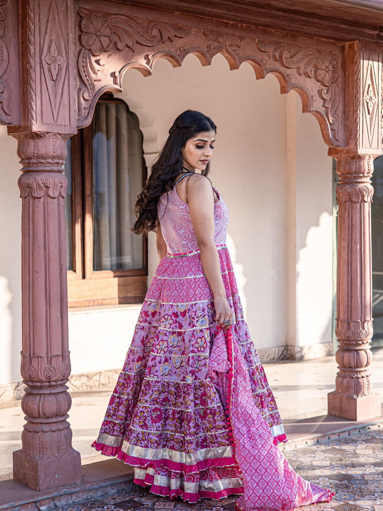 Divena Pink Cotton Sleeves less Anarkali Sharara set with Dupatta - divenaworld.com