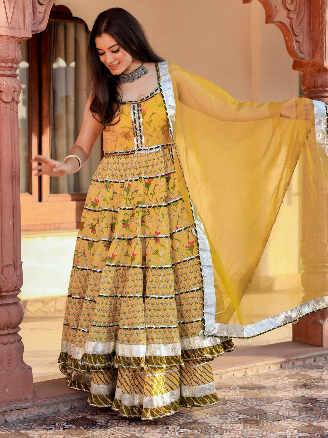 Yellow Cotton Sleeves less anarkali Skirt Set With Dupatta — view 1