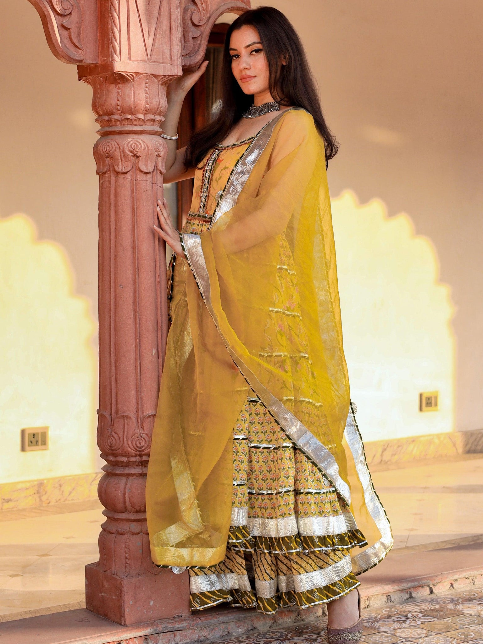 Divena Yellow Cotton Sleeves less anarkali Skirt Set With Dupatta - divenaworld.com