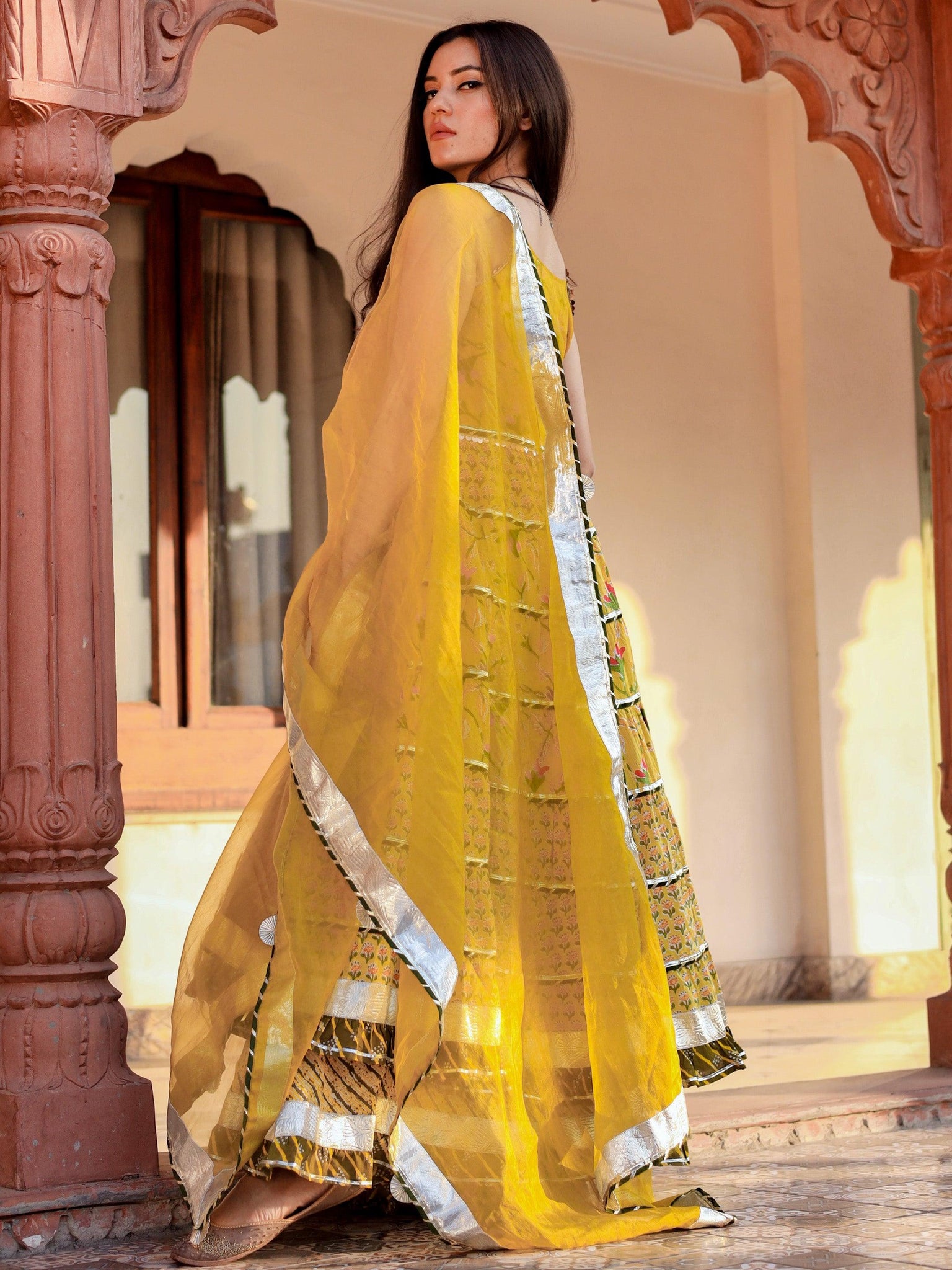 Divena Yellow Cotton Sleeves less anarkali Skirt Set With Dupatta - divenaworld.com