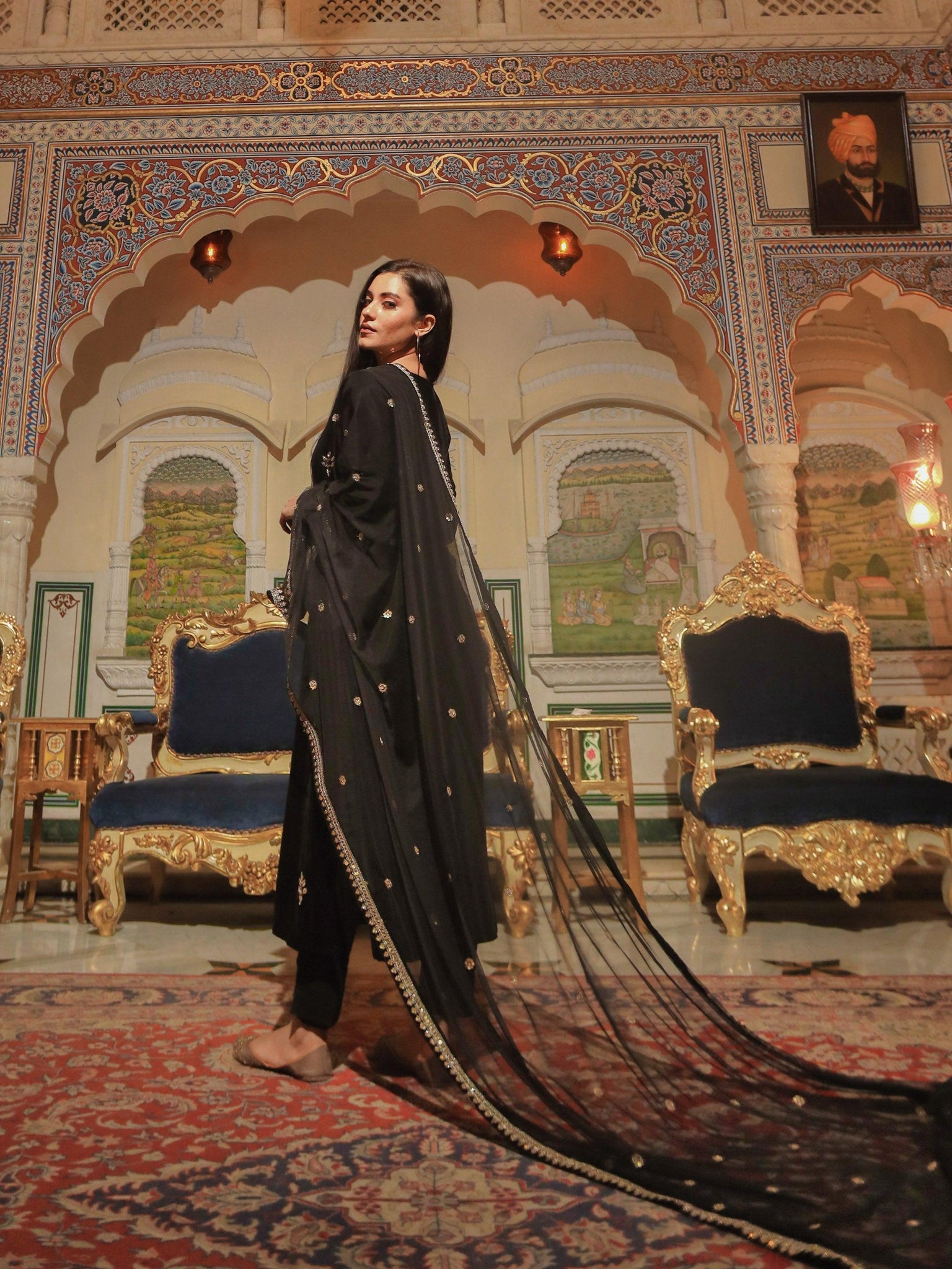 Divena Black Velvet hand work Kurta pant With Net Dupatta set - divenaworld.com