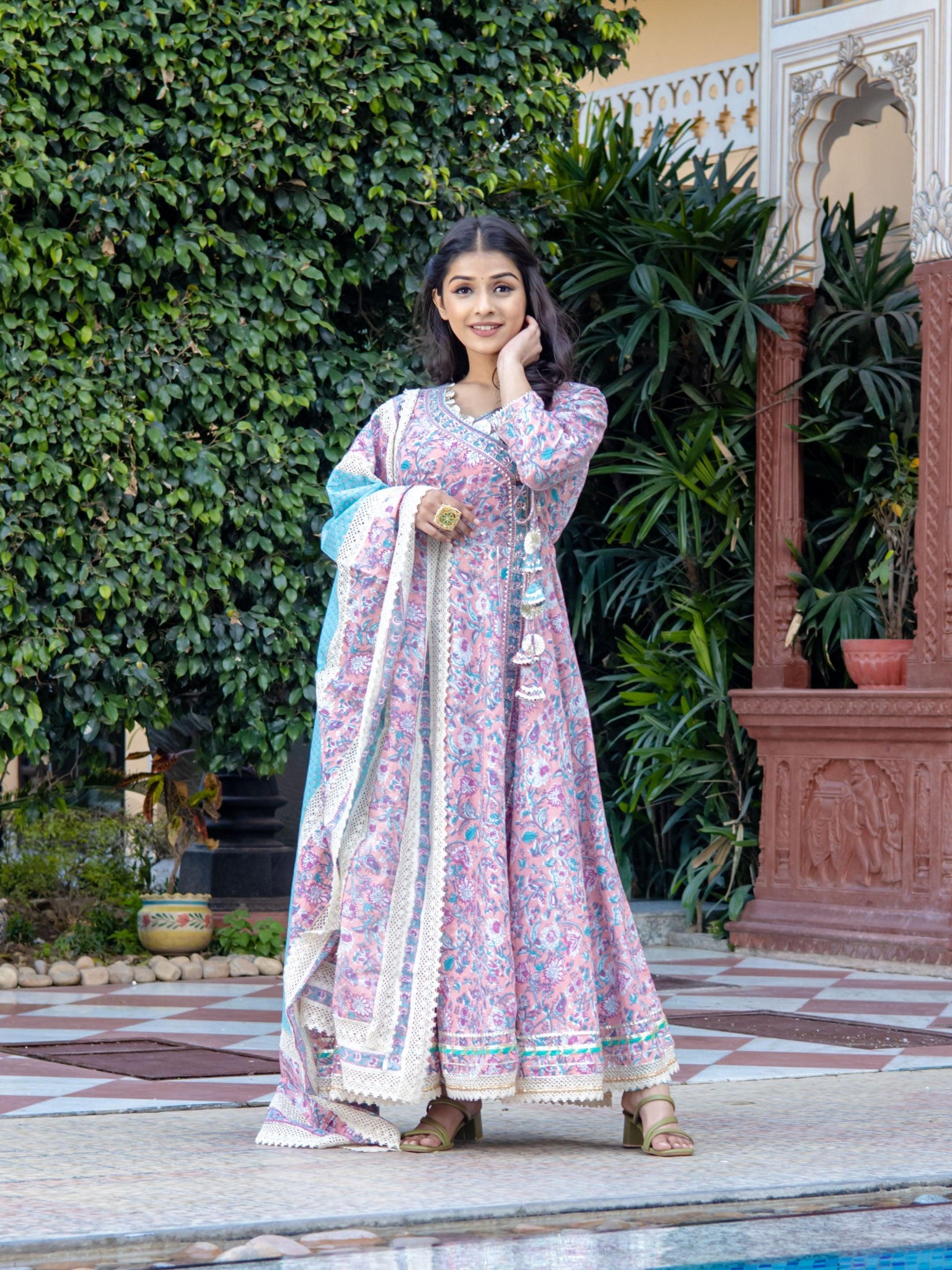 Divena Pink Cotton Floral printed Anarkali kurta Pant set With Dupatta - divenaworld.com