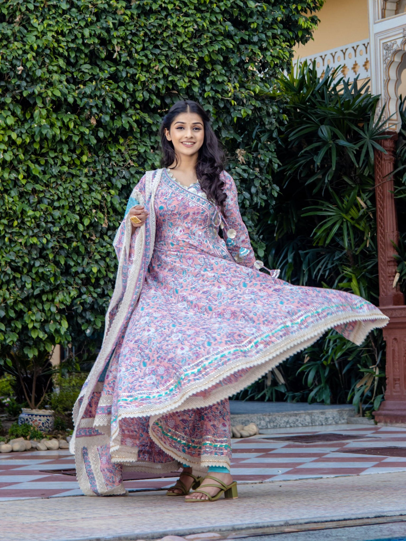 Divena Pink Cotton Floral printed Anarkali kurta Pant set With Dupatta - divenaworld.com