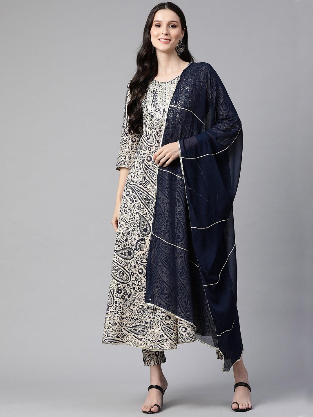 Beige Cotton Straight Kurta pant set with Dupatta — view 1