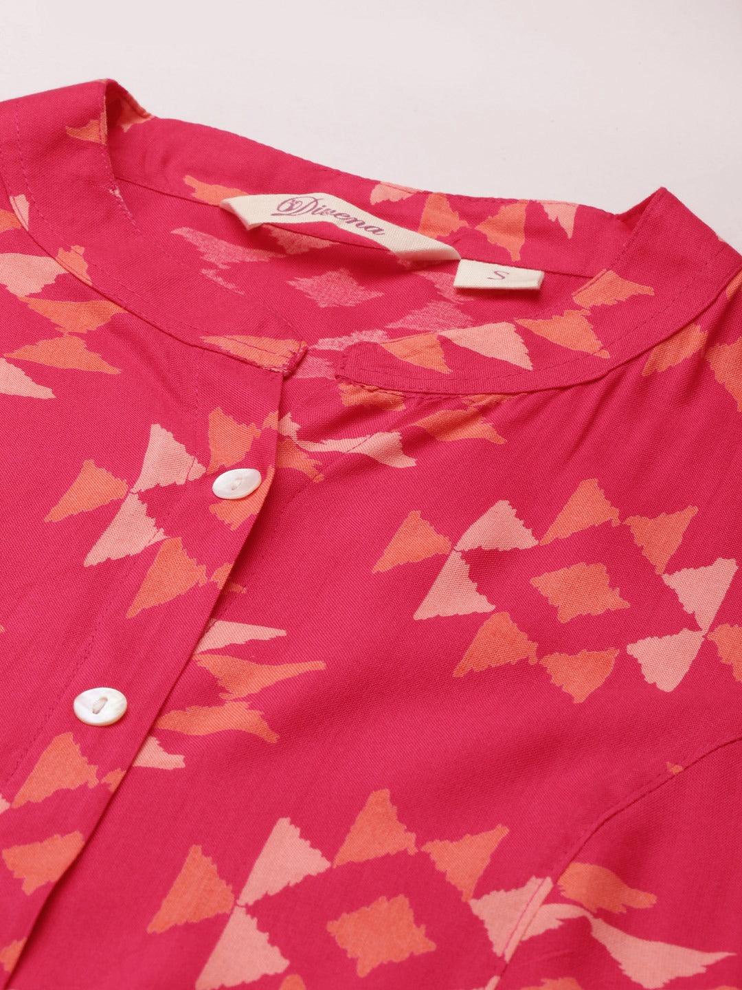 Divena Pink Geometric Print Rayon Shirt Style Top - divena world