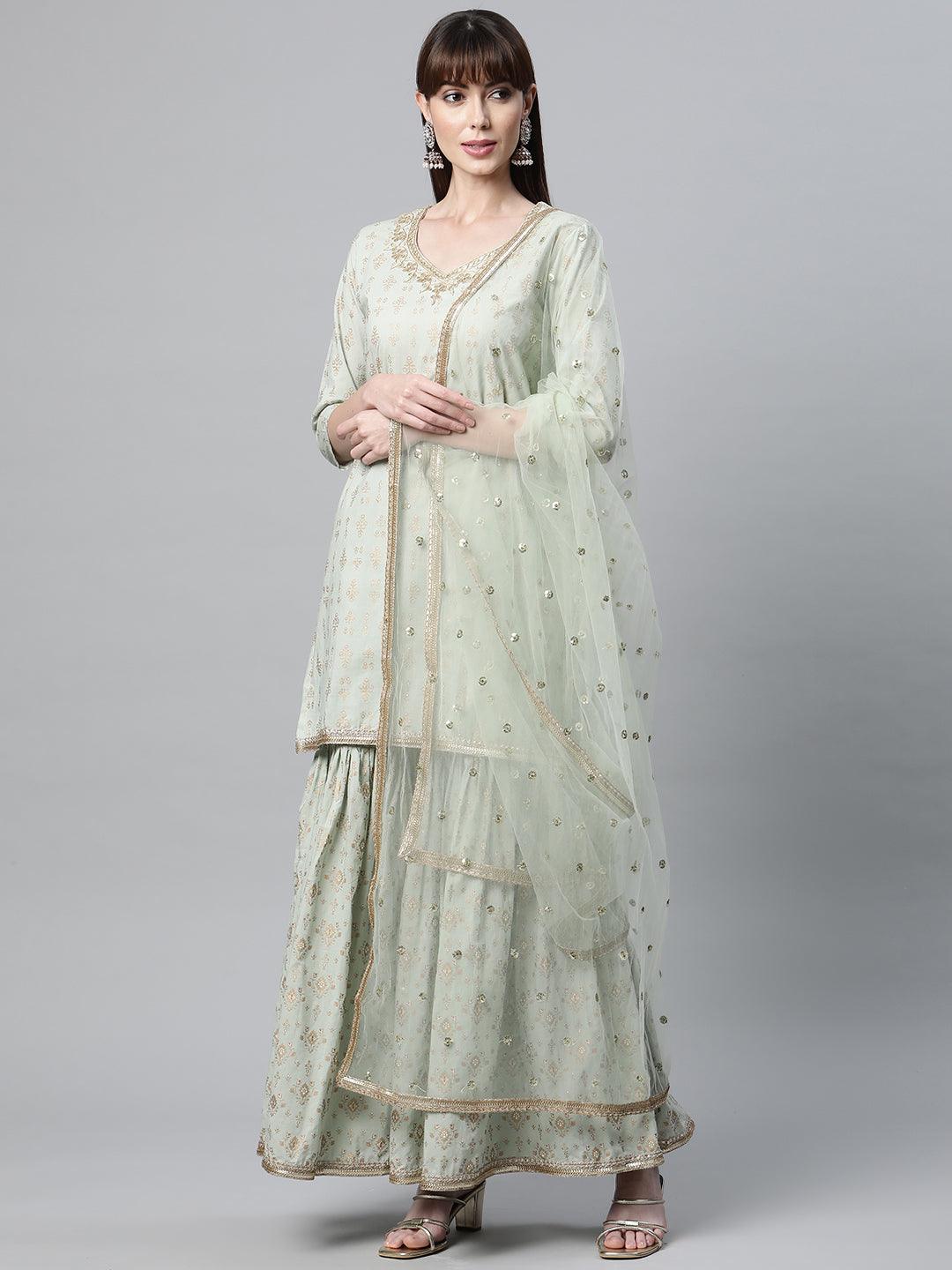 Sea Green Golden Printed Kurta Sharara set with Dupatta — view 1
