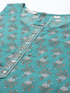 Divena Green Cotton Floral Printed Three Piece Indowestern Kurta Pant Set with Jacket - divena world