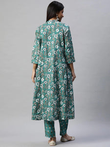 Divena Green Cotton Floral Printed Three Piece Indowestern Kurta Pant Set with Jacket - divena world