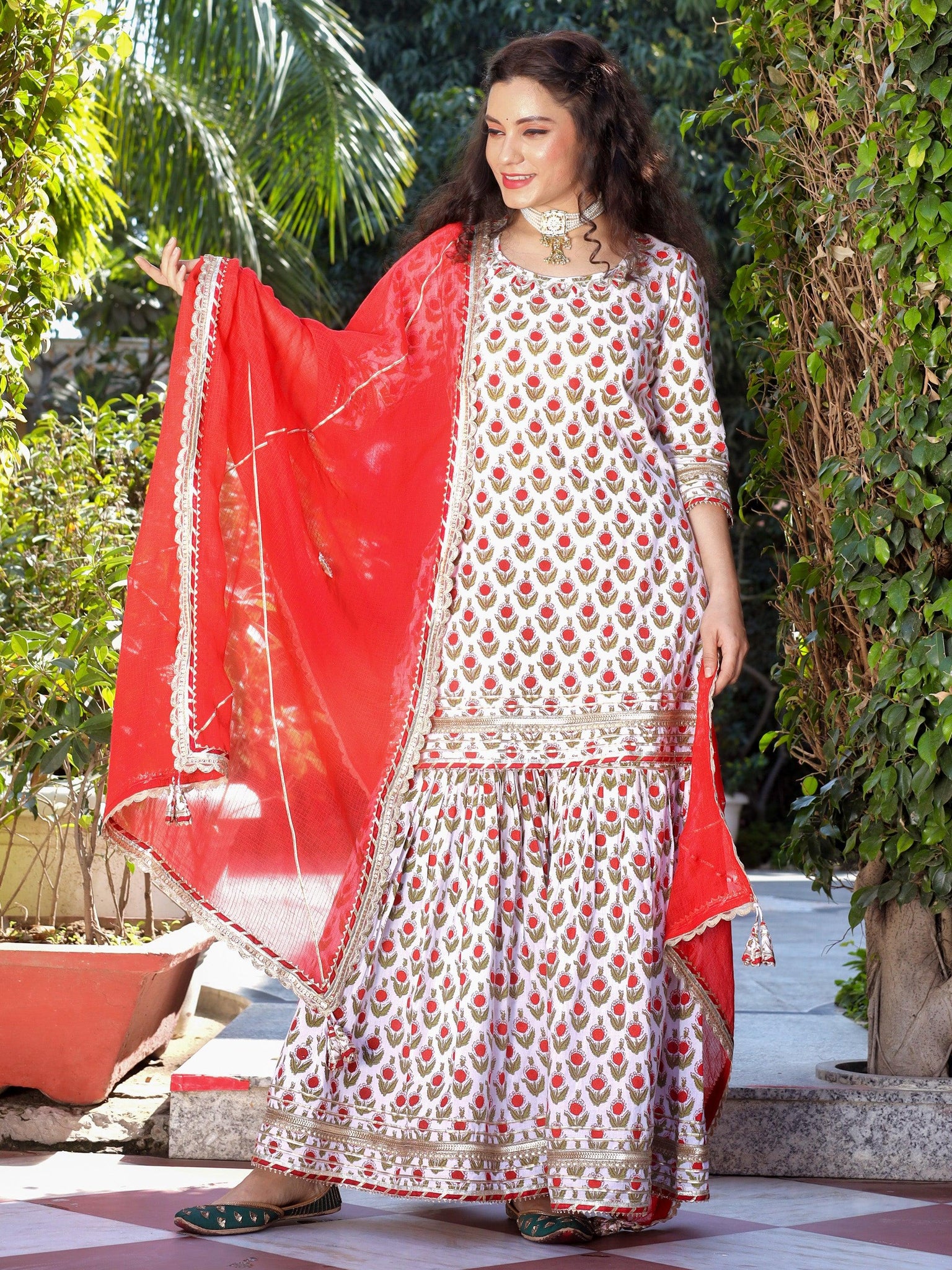 Divena Red & White Cotton Dabu Printed Kurta Sharara Set with Kota Doria Dupatta - divenaworld.com
