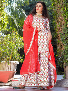 Divena Red & White Cotton Dabu Printed Kurta Sharara Set with Kota Doria Dupatta - divenaworld.com