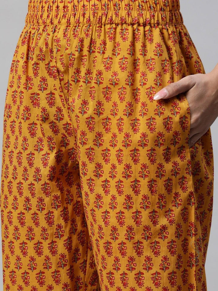 Divena Mustard Cotton Floral Printed Kurta Pant Set - divena world