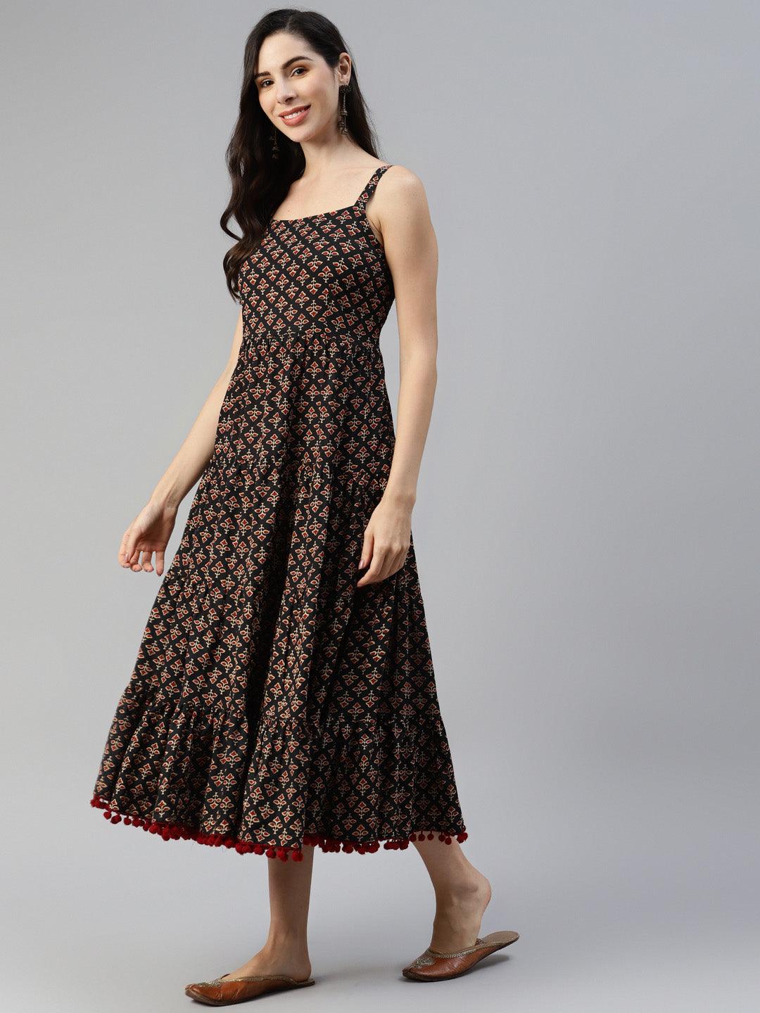 Divena Black Floral Printed Shoulder Strip Long dress divena world Divena Black Floral Printed Shoulder Strip Long dress divena world