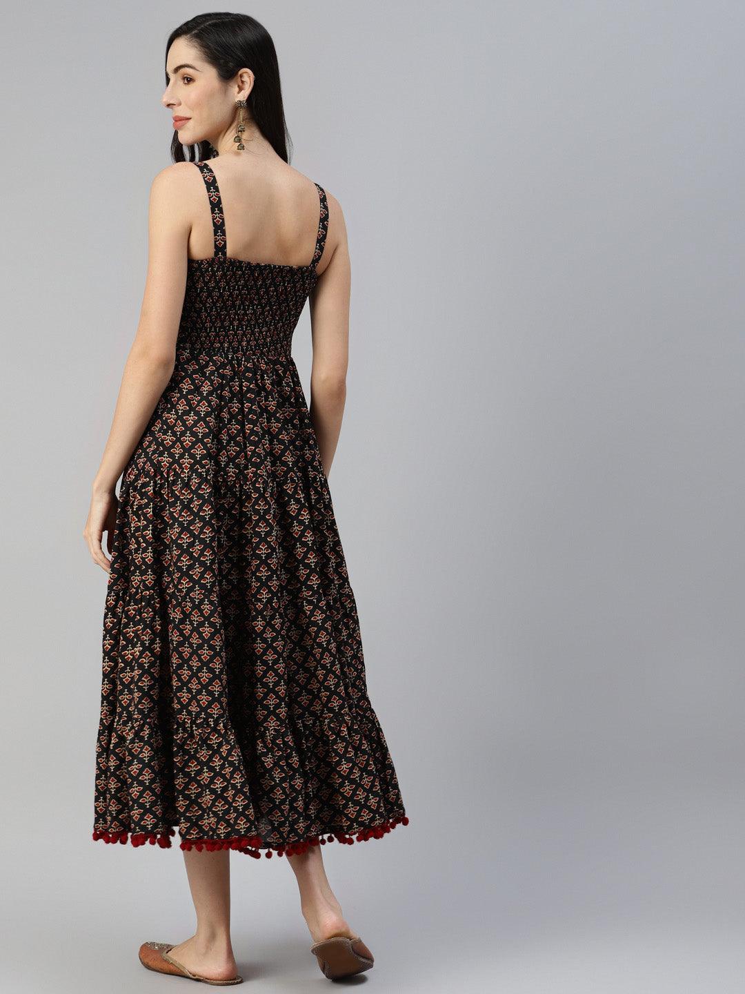 Divena Black Floral Printed Shoulder Strip Long dress - divena world
