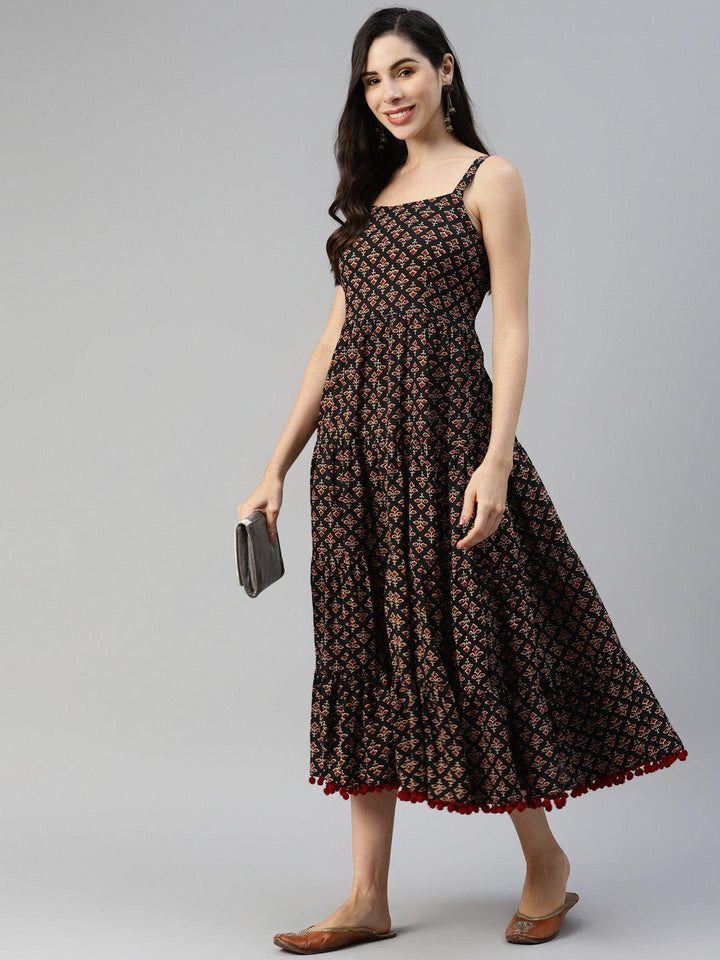 Divena Black Floral Printed Shoulder Strip Long dress - divena world
