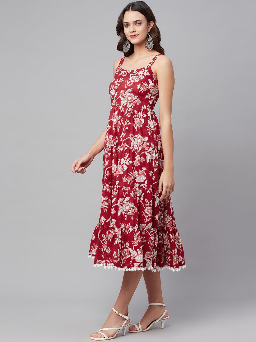 Divena Red Floral Printed Shoulder Strap Long dress - divena world