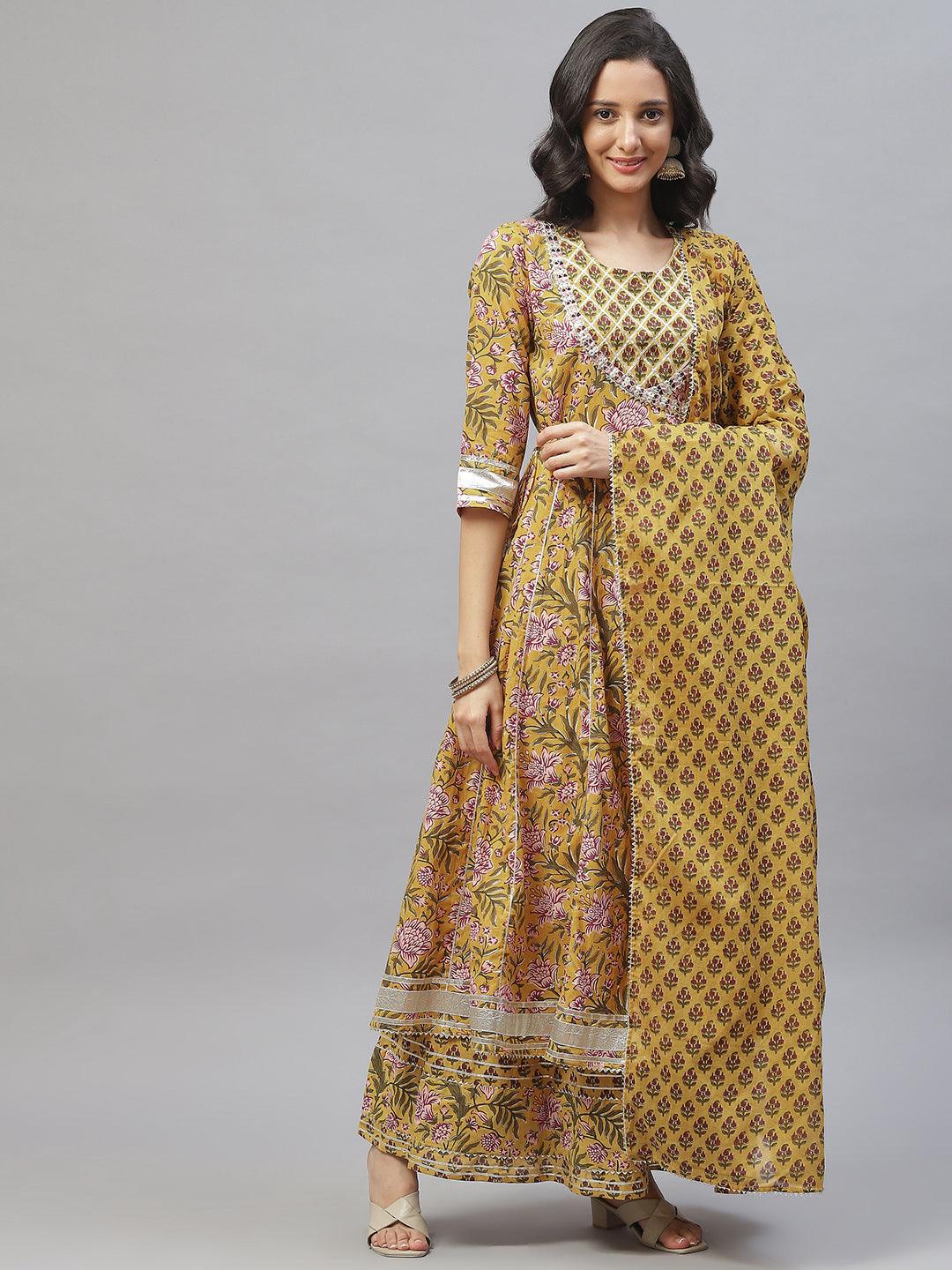 Mustard Cotton Anarkali Kurta Palazzo Set With Dupatta — view 1