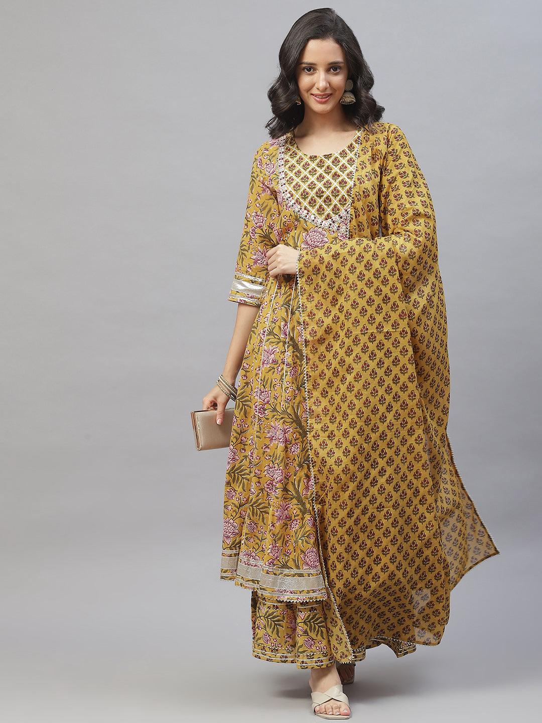 Divena Mustard Cotton Anarkali Kurta Palazzo Set With Dupatta - divena world