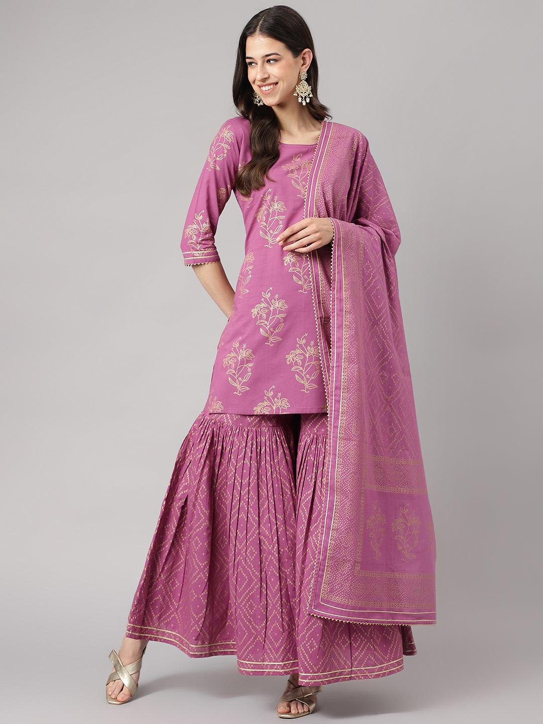 Purple Foil Print Cotton Sharara Set with Dupatta — view 1