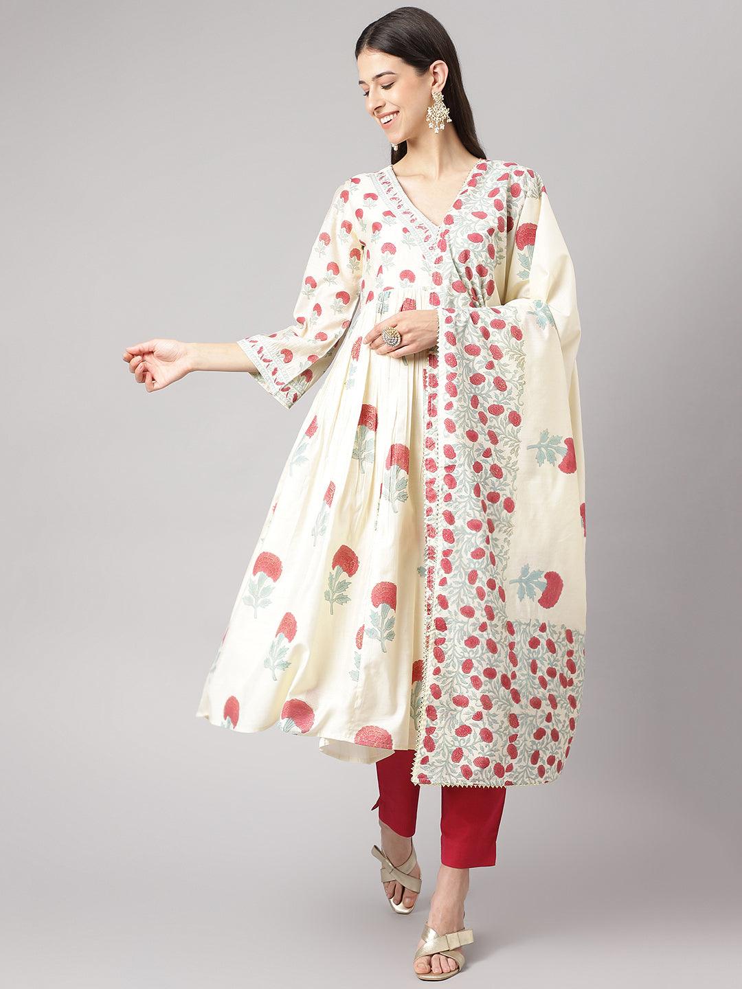 Cream Chanderi Floral Anarkali Kurta Pant Set with Dupatta — view 1